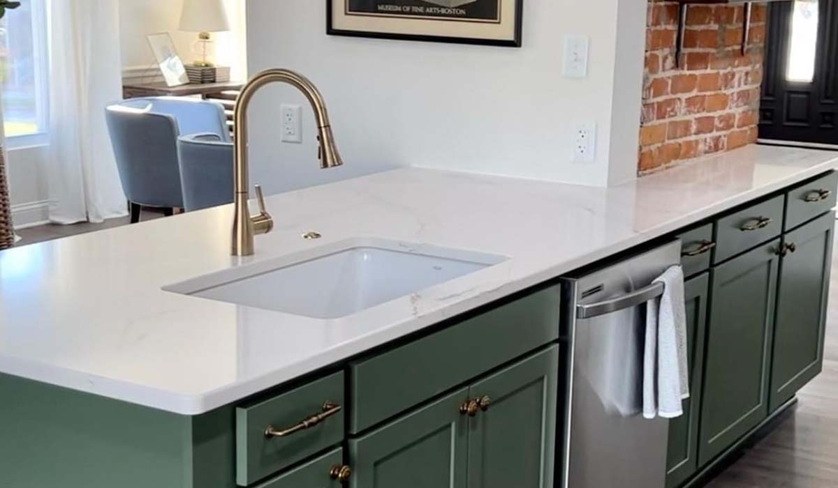 white countertop with green cabinets